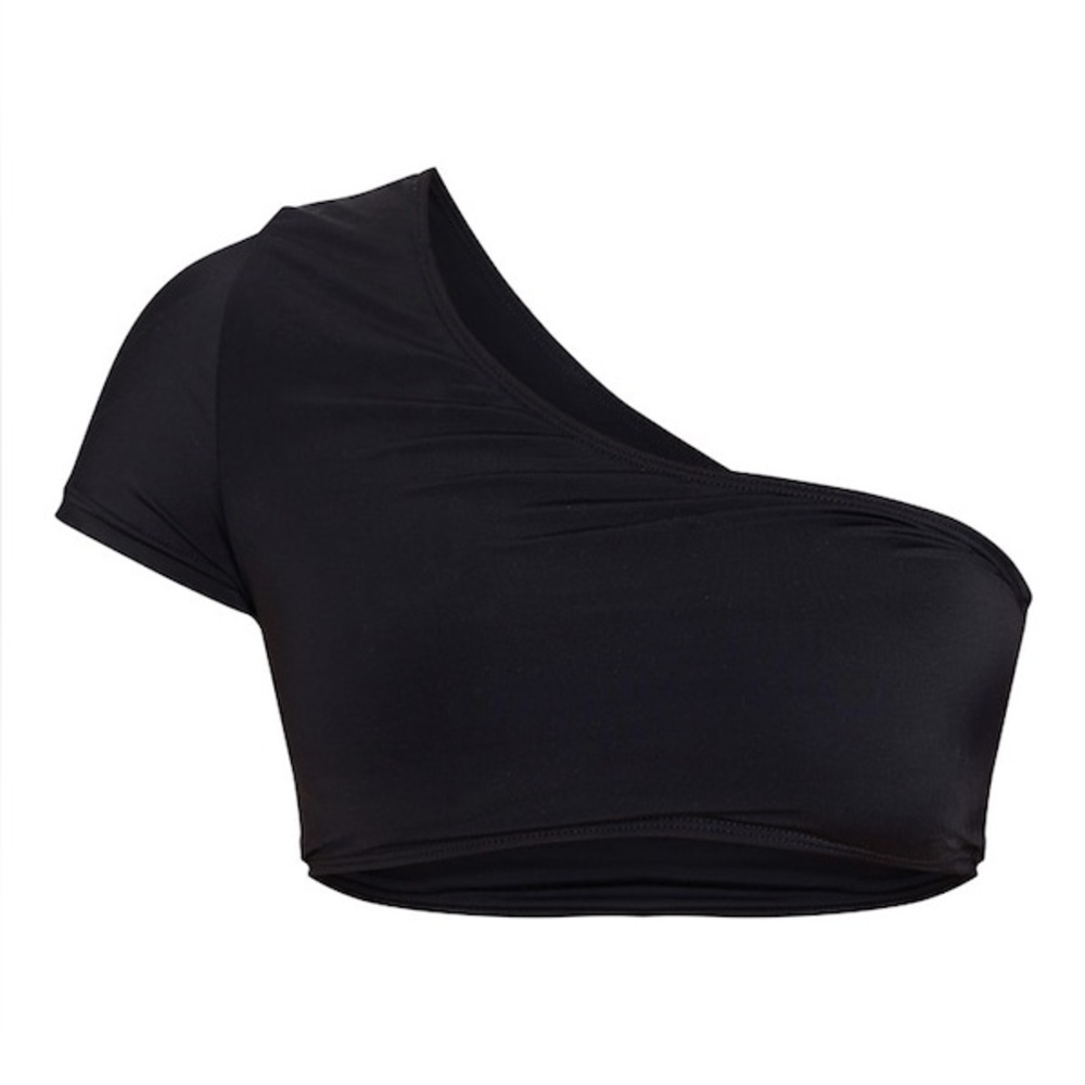 PrettyLittleThing Black One Shoulder Sleeve Bikini Top Size US 8